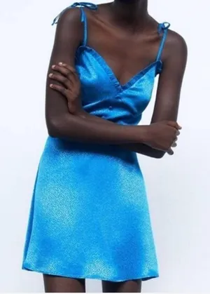 Zara Blue V Neck Blue Satin Dress thumbnail 1