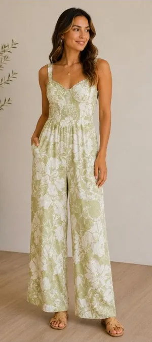 American Eagle Outfitters Jumpsuit Womens Medium Green Floral Smocked thumbnail 1