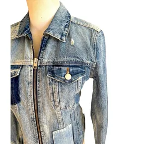 Lucky Brand Patchwork Tommy Trucker Denim Jacket Jean Jacket Zip Front Blue S thumbnail 5