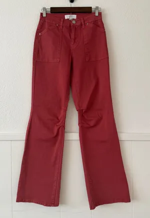 RISEN Jeans Women’s 0/24 Brick Red High Rise Flare Patch Pocket Denim Pants thumbnail 1
