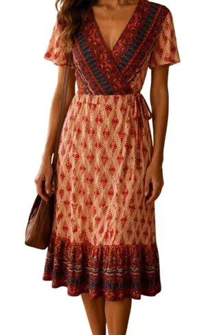 Zesica multicoloured wrap dress with V-neck and short sleeves thumbnail 1