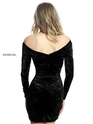 Sherri Hill Black Crushed Velvet Off Shoulder Mini Dress 6 Long Sleeve Cocktail thumbnail 2