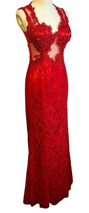 Swing Red Floral Lace Illusion Prom Gown Size 6 thumbnail 1