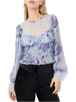 Free People Daphne Silver Blue Combo Lace Floral Print Blouse Size Medium thumbnail 1