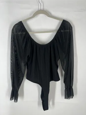 PrettyLittleThing Black Ribbed Mesh Sleeve‎ Bodysuit US 12 NWT thumbnail 9