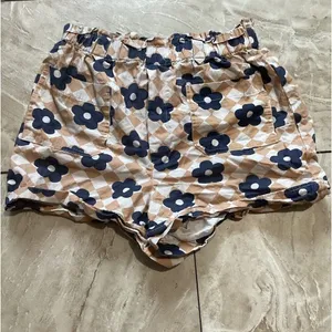 Maeve Beige Blue Floral High Waist Paper Bag Shorts 100% Cotton S thumbnail 2