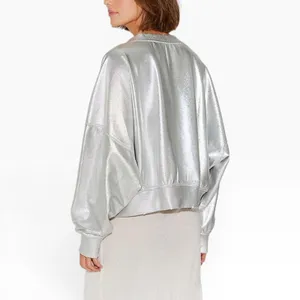 NWT GAIA Free People Metallic Silver Foil Coated Oversized Sweatshirt S Sold Out thumbnail 3