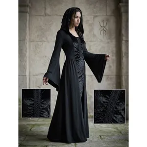 Gothic Hooded Maxi Dress Black Velvet Bell Sleeve Medieval Witchy Gown M/L thumbnail 2