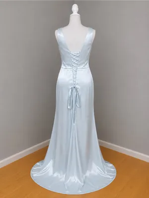 #225 Pale blue satin gown V-Neck Pleated Side Slit A-line Dress-XL/Size 14/16 thumbnail 7