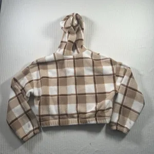 Hollister Womens Small Cropped Fleece Hoodie Jacket Plaid Beige Brown Full Zip thumbnail 13