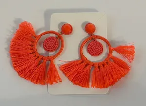 J. Crew Bright Orange Tassel Hoop Earrings Boho‎ Fiesta Statement Dangle thumbnail 1