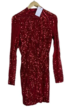 NWT Banjul Diva Boutique Sequin Mesh Mini Dress Red Glam Holiday Party Size L thumbnail 1