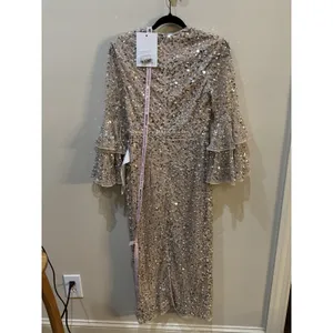 NWT Mac Duggal FULLY SEQUINED TIERED 3/4 SLEEVE MIDI Nude Size 6 thumbnail 6
