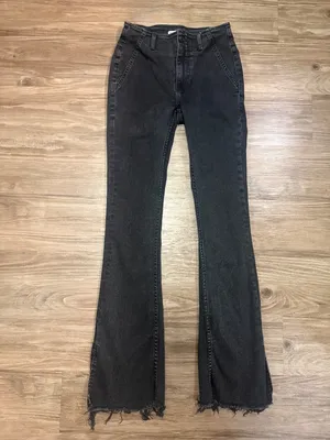 We The Free Level Up Slit Slim Flare Jeans Black Raw Hem Size 25 thumbnail 2