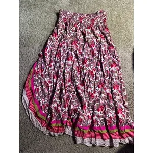 BTFBM Womens Floral High‎ Low Maxi Skirt Pink Green Smocked Waist Boho Size L thumbnail 5