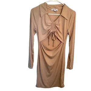 Birch and Stone Women's Size Large Ribbed Mini Dress Beige Cut‎ Out Cinched thumbnail 2