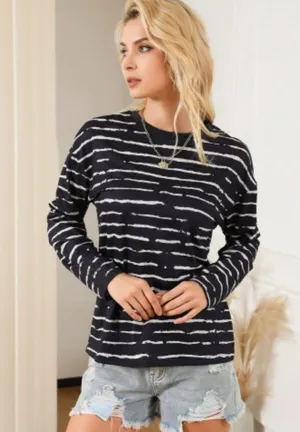 NEW Black Long Sleeve Casual Crewneck Top with White Abstract Stripes thumbnail 5
