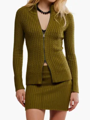 NWT Free People Eliza Cable Zip-Up Cardigan & Rib Miniskirt 2PCS Set Green M thumbnail 3