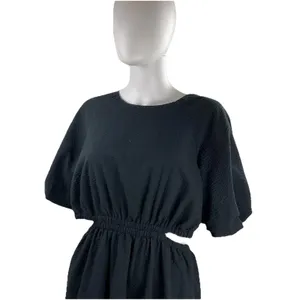 Madewell Seersucker Back Cutout Summer Dress Button Back Puff Sleeve Black‎ L thumbnail 11