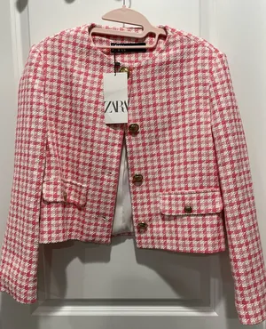 ZARA Houndstooth Tweed Crop Pink White Blazer thumbnail 1