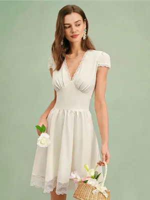Rihoas Apricot V Neck Lace Splicing Mini Dress thumbnail 3