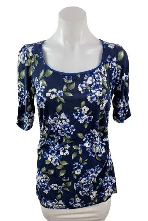 White House Black Market Women's Floral Scoop Neck 3/4 Sleeve Tunic Blouse Top S thumbnail 1
