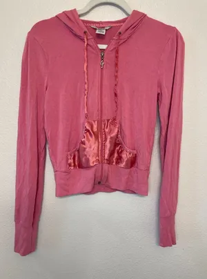Guess Y2K Vintage Pink Zip Up Hoodie with Rhinestones Silky Pockets Size S‎ thumbnail 1
