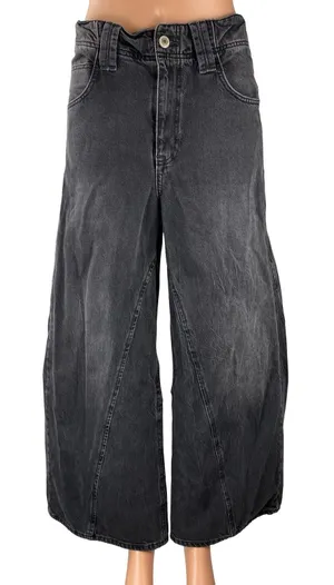 Free People Women's Black High Waist Baggy Flare Wide Leg Denim Jeans Pants 25 thumbnail 1