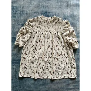 THML Cream Tan Brown Feather Not In My Cap Ruched Half Sleeve Blouse Medium thumbnail 2