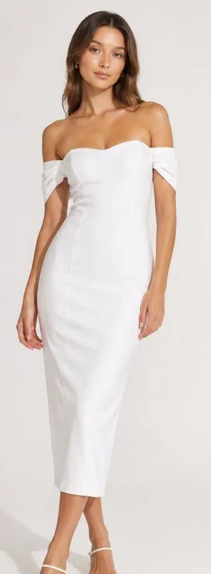 NWOT Abercrombie & Fitch White Off Shoulder Midi Dress Pencil Bodycon XXS thumbnail 1
