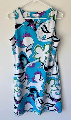 Jude Connally Sleeveless Sheath Mini Dress Blue White Purple Abstract Floral thumbnail 1