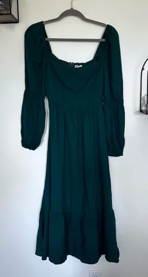 Reformation Emerald Green Long Puff Sleeve Square Neck Midi Dress Size 2 thumbnail 1