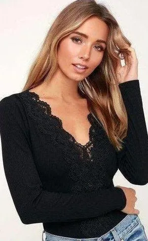 Lulu's Come Back To You Black Lace Long Sleeve Bodysuit S thumbnail 1