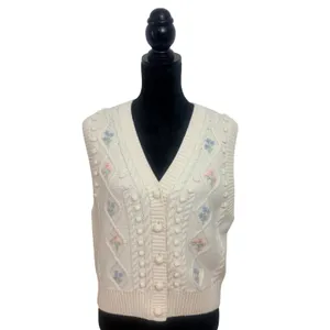 Paris Atelier & Other Stories Cream Floral Embroidered Cable Knit Vest M Preppy thumbnail 2