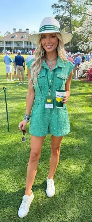 Peach Love California Green Tweed Sequin Utility Romper Size Medium Tournament thumbnail 1