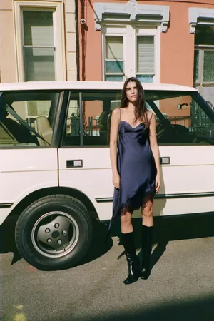 Zara Satin Slip Dress with Lace Trim - Navy thumbnail 9