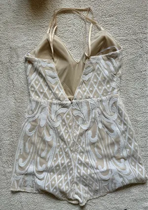 Lulus White Sequin Romper Nude Lining Size L NWT Bridal Party Bachelorette thumbnail 4