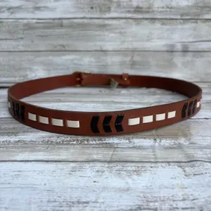 Fossil Leather Belt Size L 36.5" Brown Boho Chevron Whipstitch Western Festival thumbnail 4