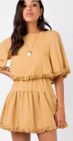Princess Polly Astro Mini Dress Mustard Gold Yellow Textured Tiered Ruffle‎ Size thumbnail 1