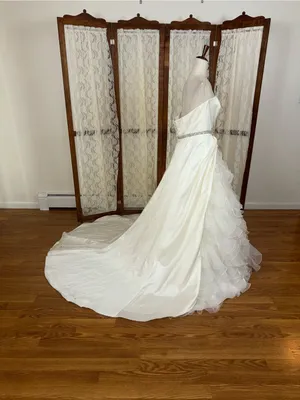 Beautiful David’s Bridal Strapless Satin & Organza Ruffle Wedding Gown thumbnail 4