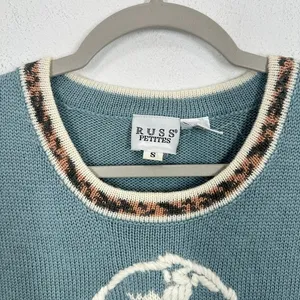 Russ Petites Blue Sweater Vest Women's Size S Floral Motif Leopard Trim‎ Knit thumbnail 3