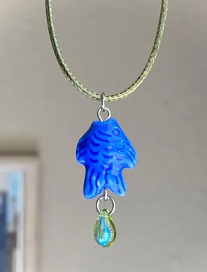 unique funky cute blue ceramic fish & Czech glass teardrop necklace⭐️🐟💕 thumbnail 1