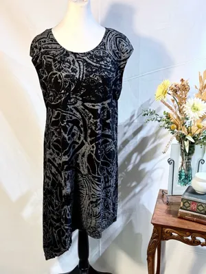 💥Bryn Walker Abstract Print Asymmetrical Tunic Dress Black Gray Stretch Sz L💛 thumbnail 12