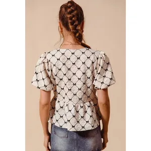 SO ME Bow Texture Woven Peplum Top With Contrast Tie - Ivory - Small thumbnail 3