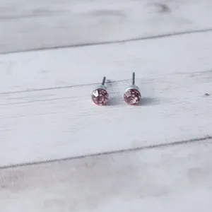 Round Pink Gem & Silver Tone Stud Earrings 1/8" Small - Fair Condition thumbnail 4