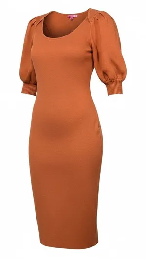 Betsey Johnson Knit Sweater Dress Fall Burnt Orange Puff Sleeve Midi L thumbnail 1