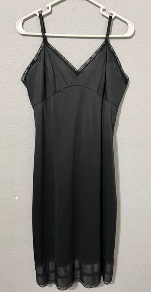 Vintage 90s Black Lace Trim Full Slip Dress S Adjustable Straps Midi Length thumbnail 1