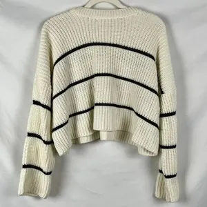 Moon & Madison Cream Black Striped Cropped Pullover Sweater Medium thumbnail 2