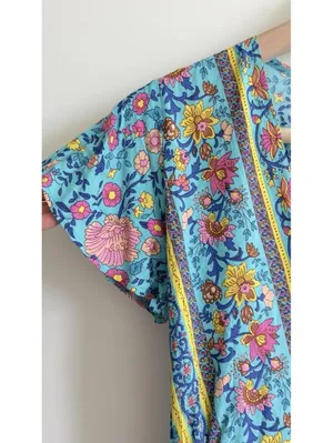 Prettygarden Floral Wrap Maxi Dress Blue Boho V Neck Short Sleeve Size S thumbnail 7