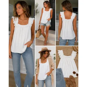 Ruffle Strap Tank Top Womens Large White Sleeveless Square Neck Flowy Blouse thumbnail 2